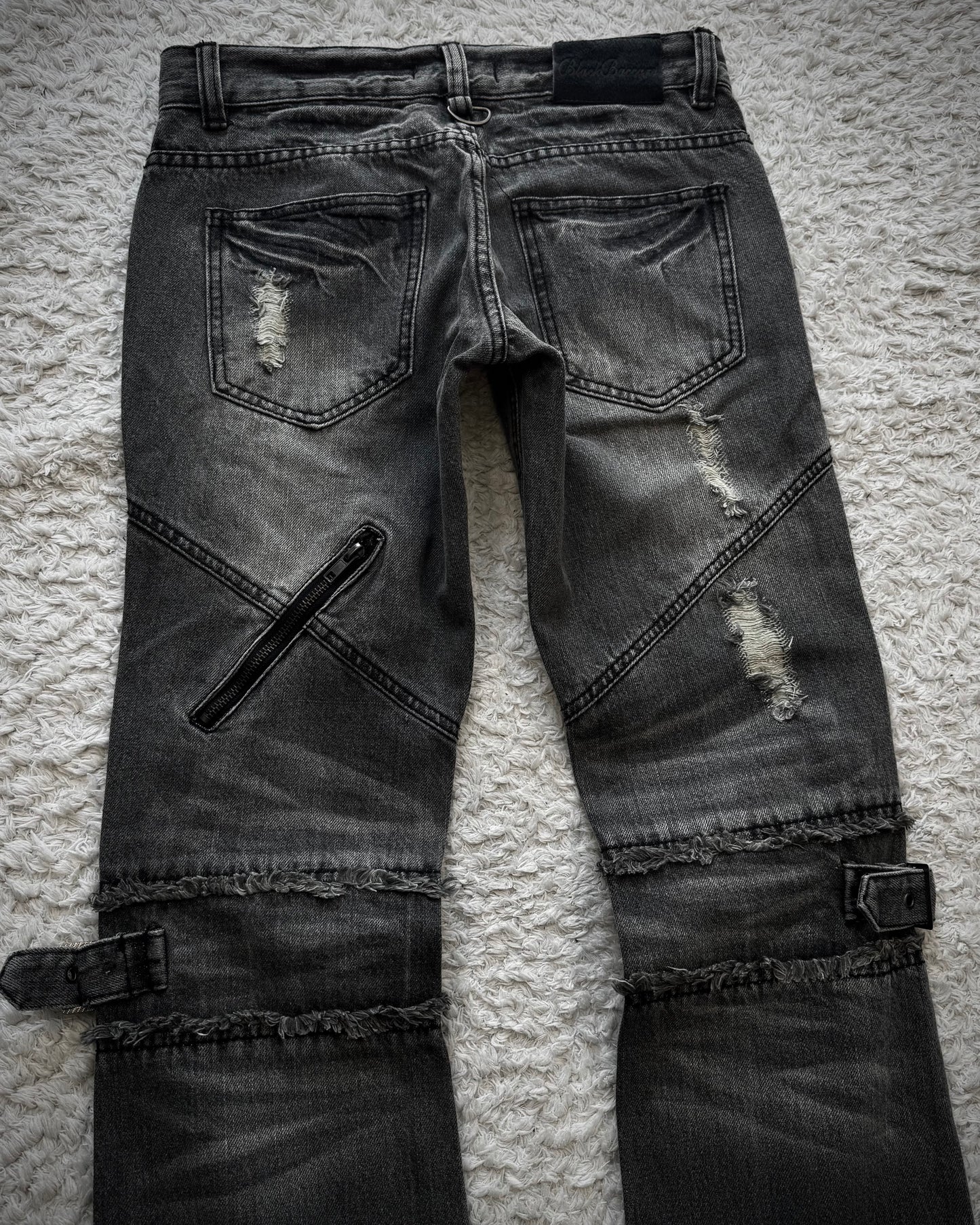 Black Baccara Zipper Strapped Construction Flared Jeans