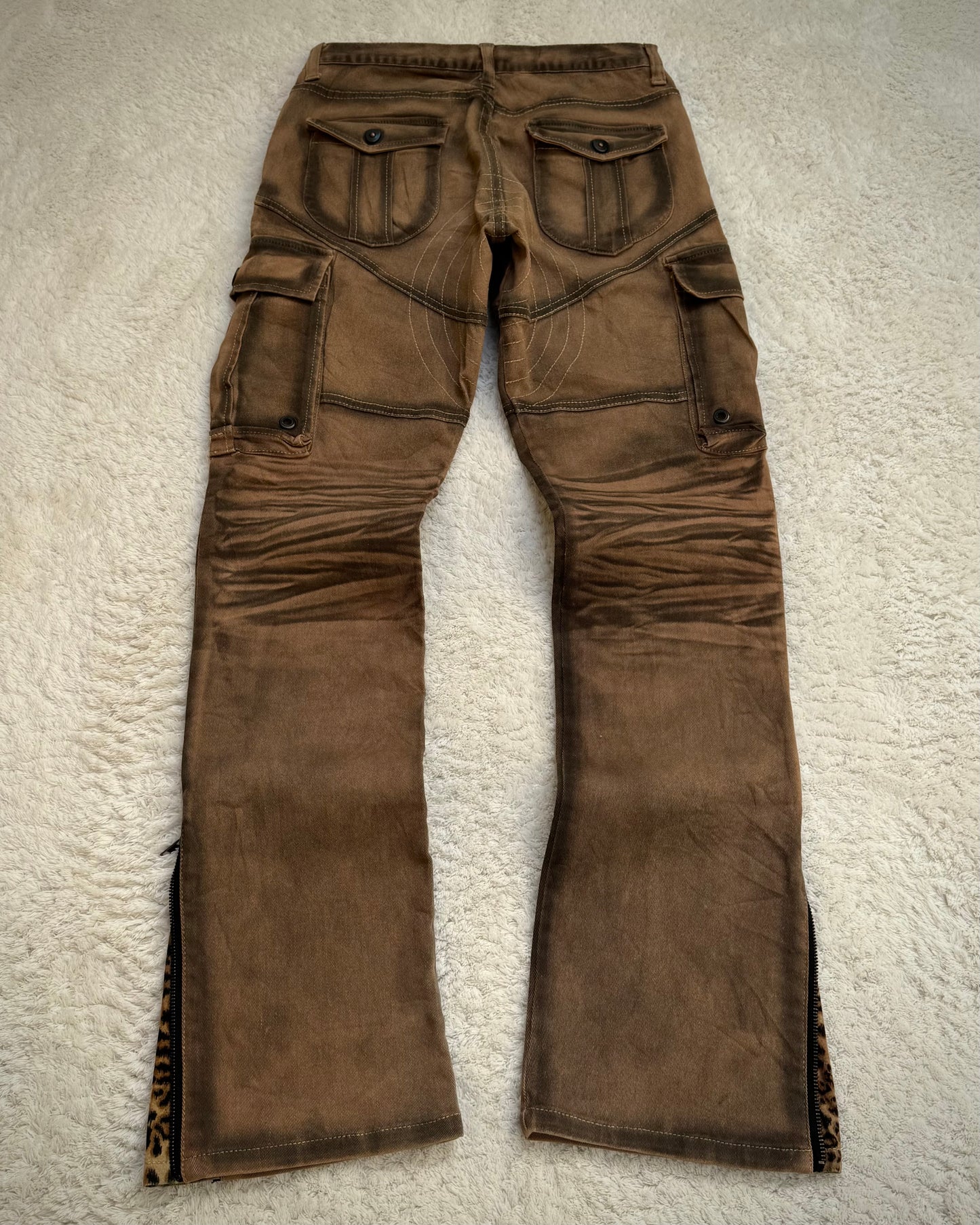 CavariA Leopard Gas Mask Cargo Pocket Flared Jeans
