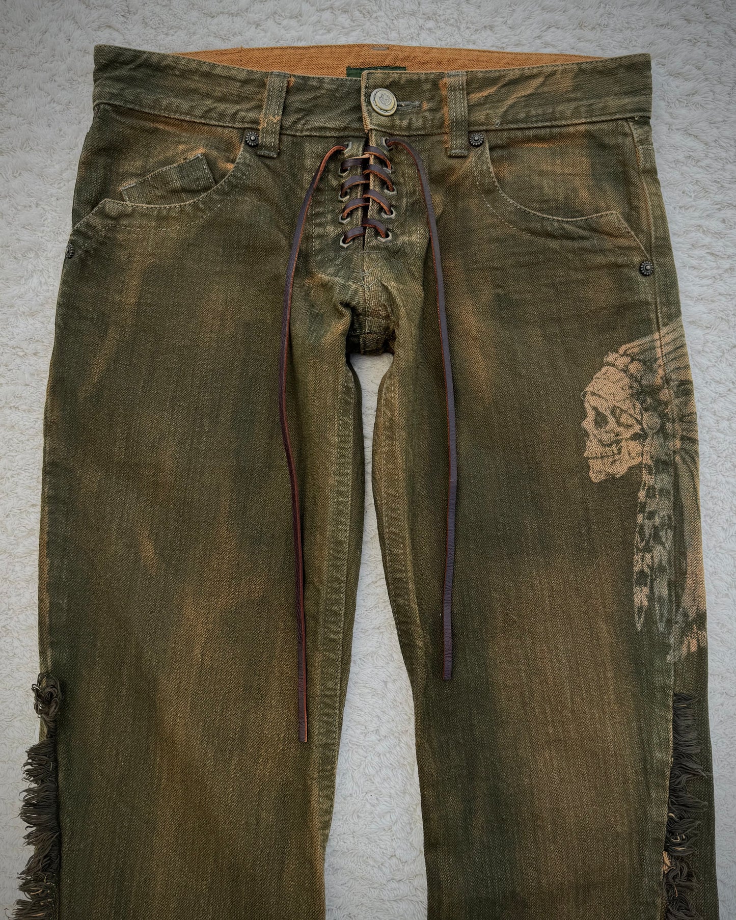 Obelisk Fringed Mud Washed Lace Up Flared Jeans