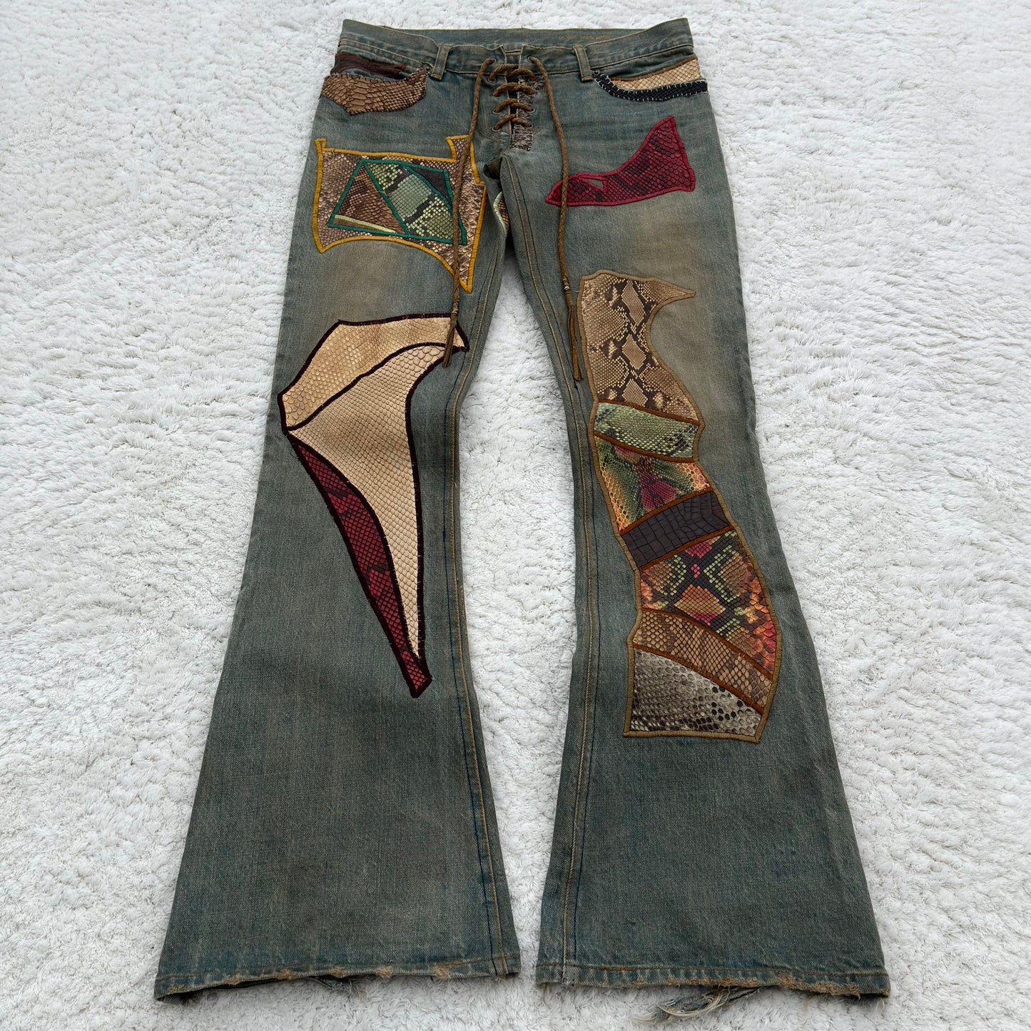 IfSixWasNine „Crazy Mexican“ Snakeskin Flared Lace-Up Jeans