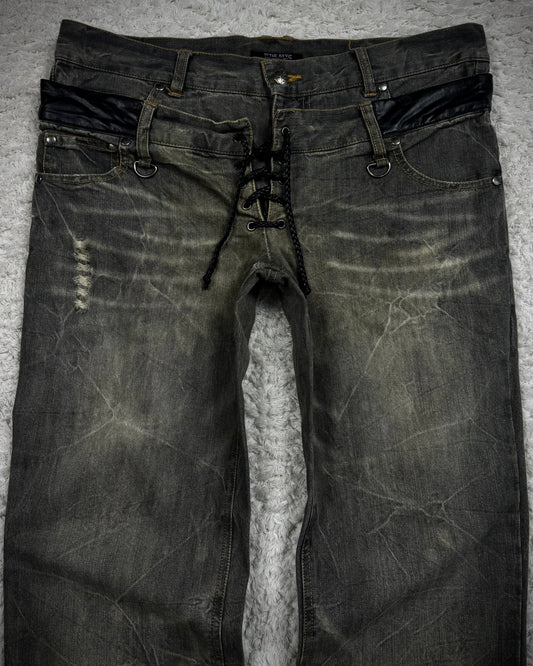 In The Attic Double Waisted Leather Detailed Lace Up Bootcut Jeans