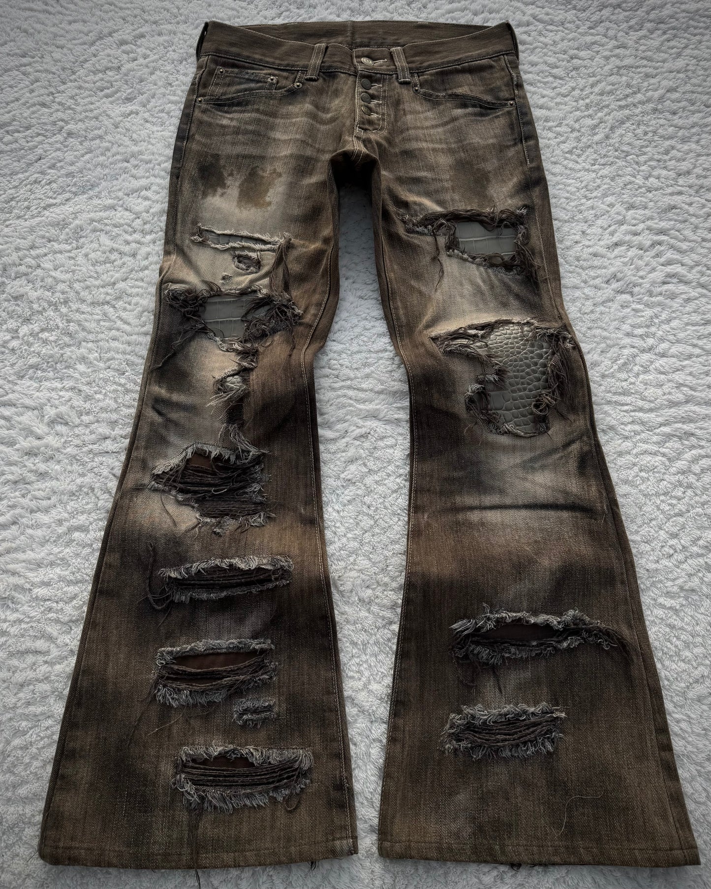 Tornado Mart Crocodile Repaired Crash Flared Jeans