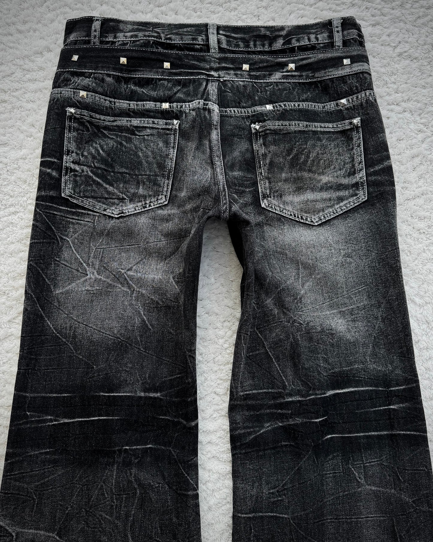 Double Waisted Lace Up Studded Distressed Flared Jeans