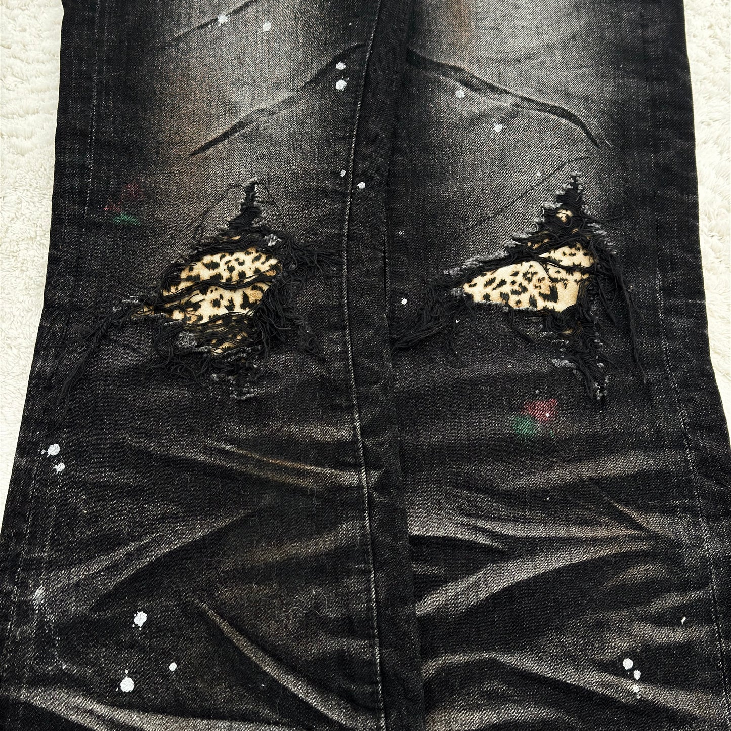 CavariA Cheetah Repair Distressed Bootcut Jeans