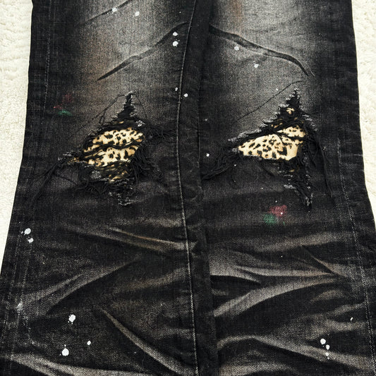 CavariA Cheetah Repair Distressed Bootcut Jeans