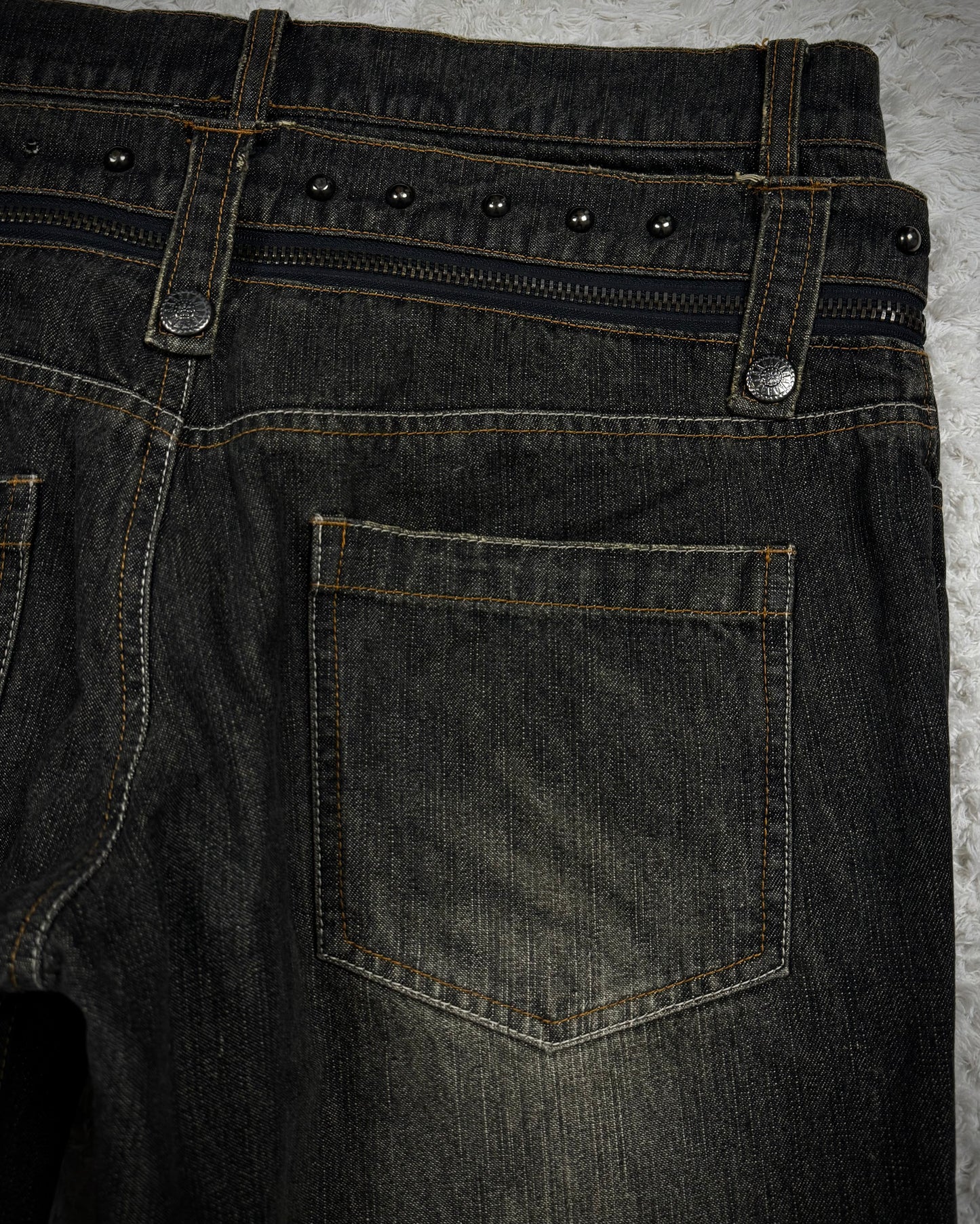 In The Attic Double Waisted Studded Lace Up Flared Jeans