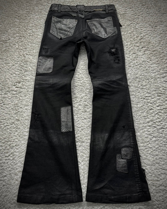 14th Addiction “Coyote 03” Python Leather Repaired Flared Pants