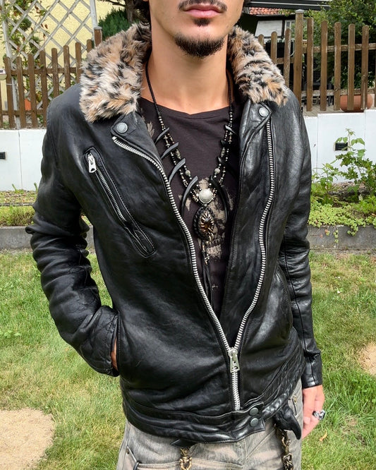 Glamb Leopard Fur Collar Leather Biker Jacket