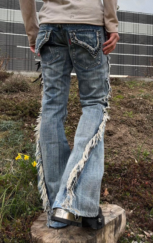 Tornado Mart Spiral Fringed Studded Flared Jeans