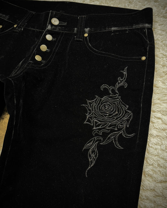 Tornado Mart Rose Embroidery Velour Flared Pants