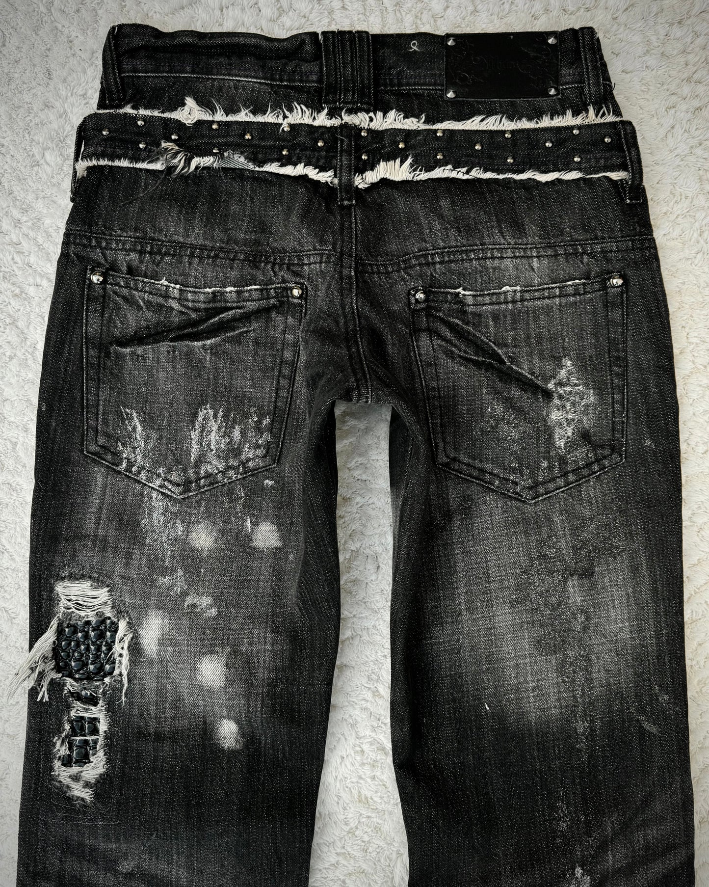 Midas Croc Repaired Silver Waxed Lace Up Bootcut Jeans