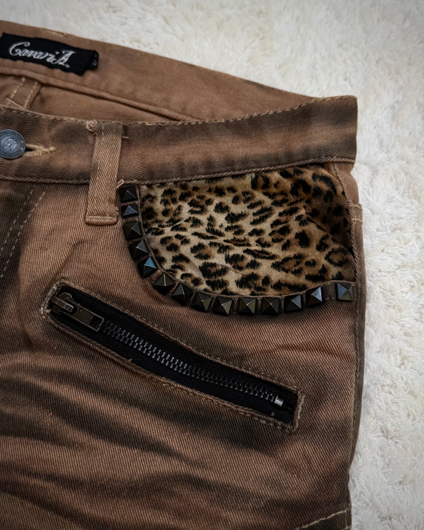 CavariA Leopard Gas Mask Cargo Pocket Flared Jeans
