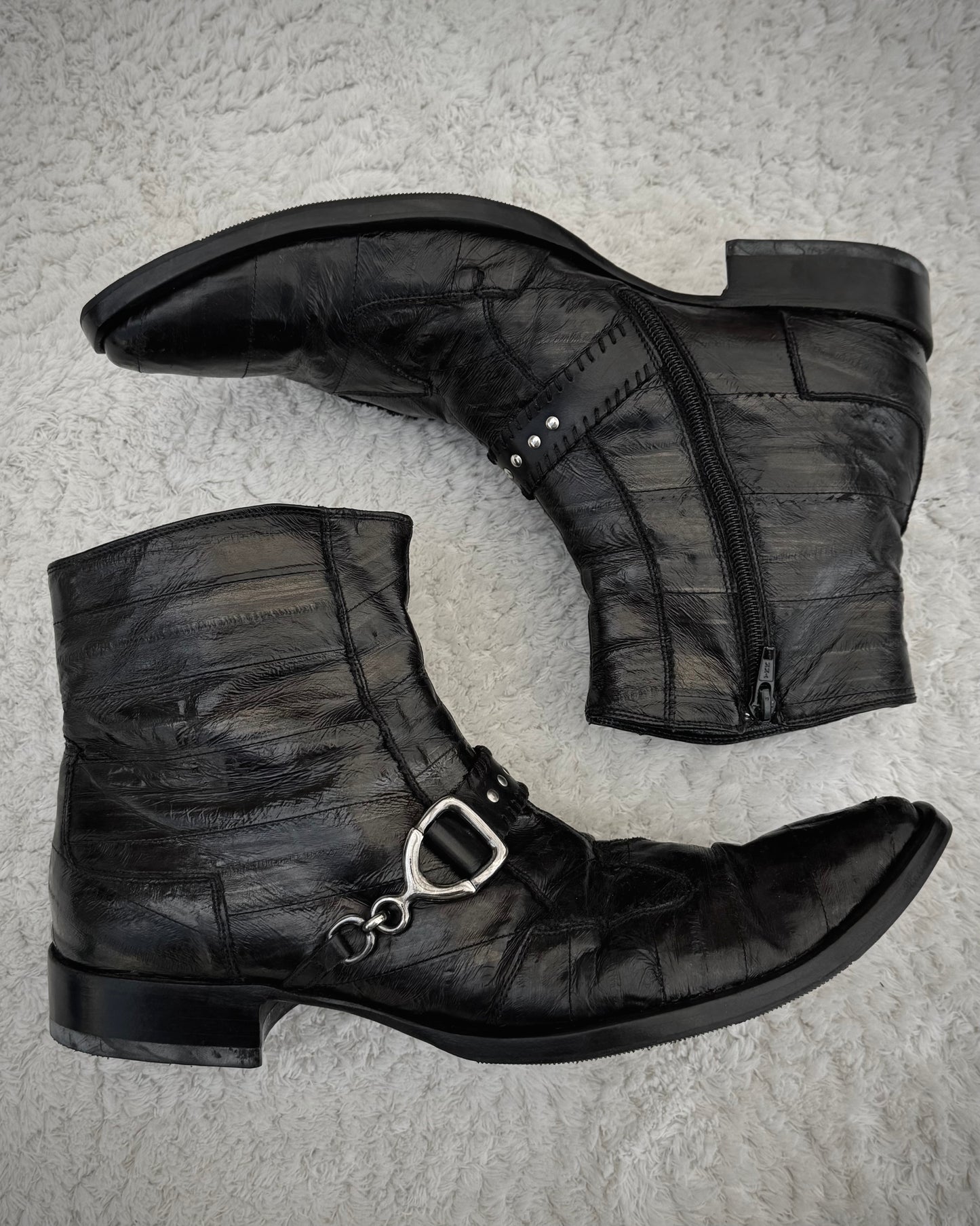 Italian Scar Stitched Belted Textured Pointed Leather Boots