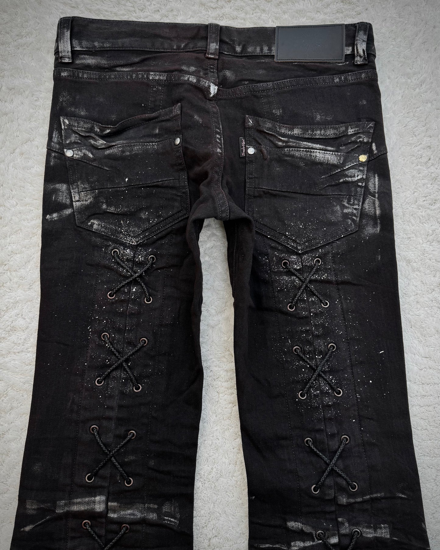 Tornado Mart Silver Waxed Backlace Flared Jeans