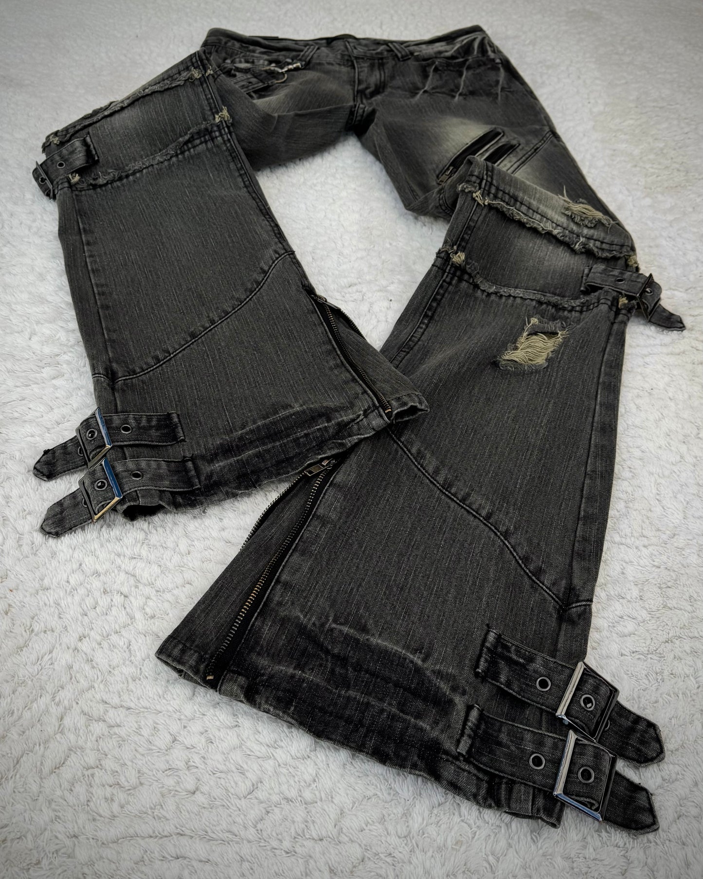 Black Baccara Belted Straps Zippered Flared Jeans