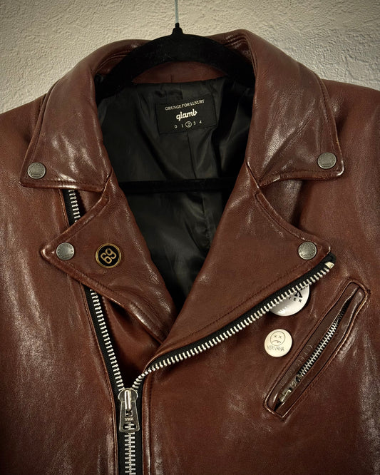 Glamb Oxblood Pinned Leather Biker Jacket