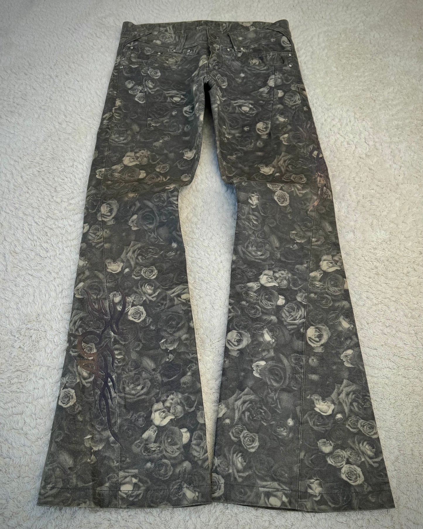 Tornado Mart Floral Tribal Embroidery Flared Leather Pants