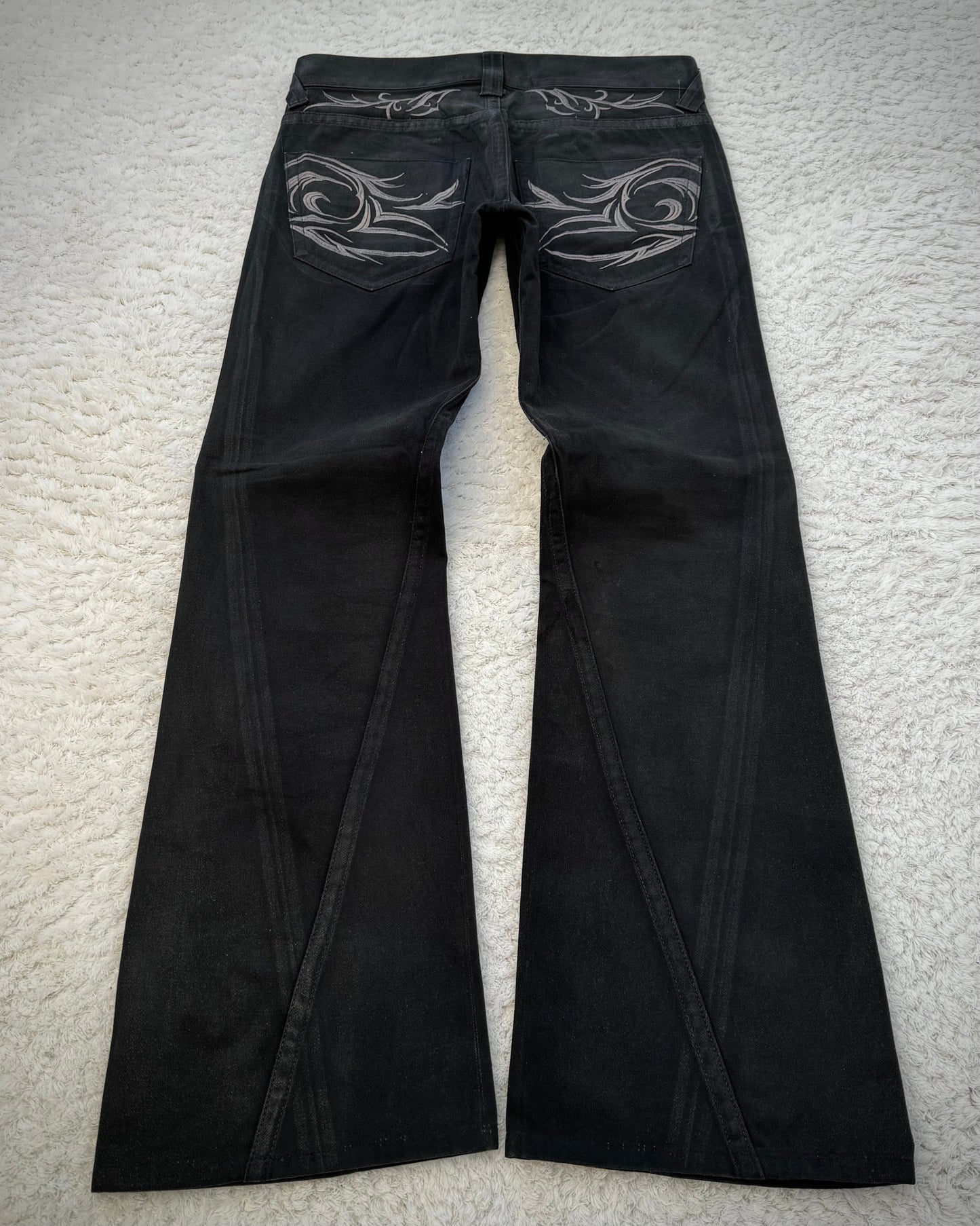 Tornado Mart Xray Waxed Tribal Embroidery Flared Jeans