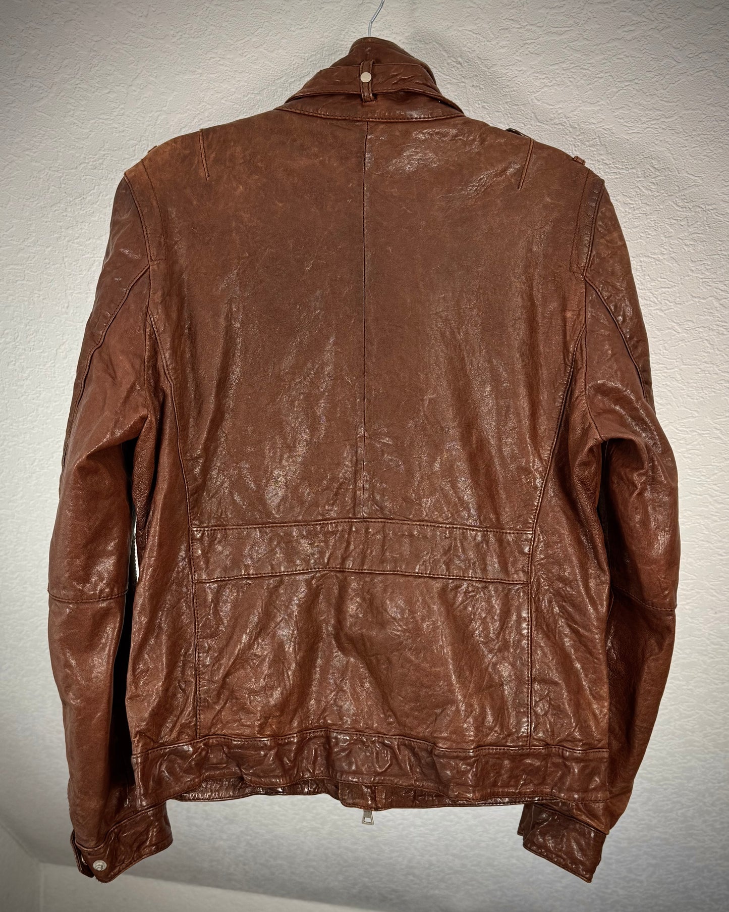 Rust Dyed Quilted Eight Pocket Leather Jacket