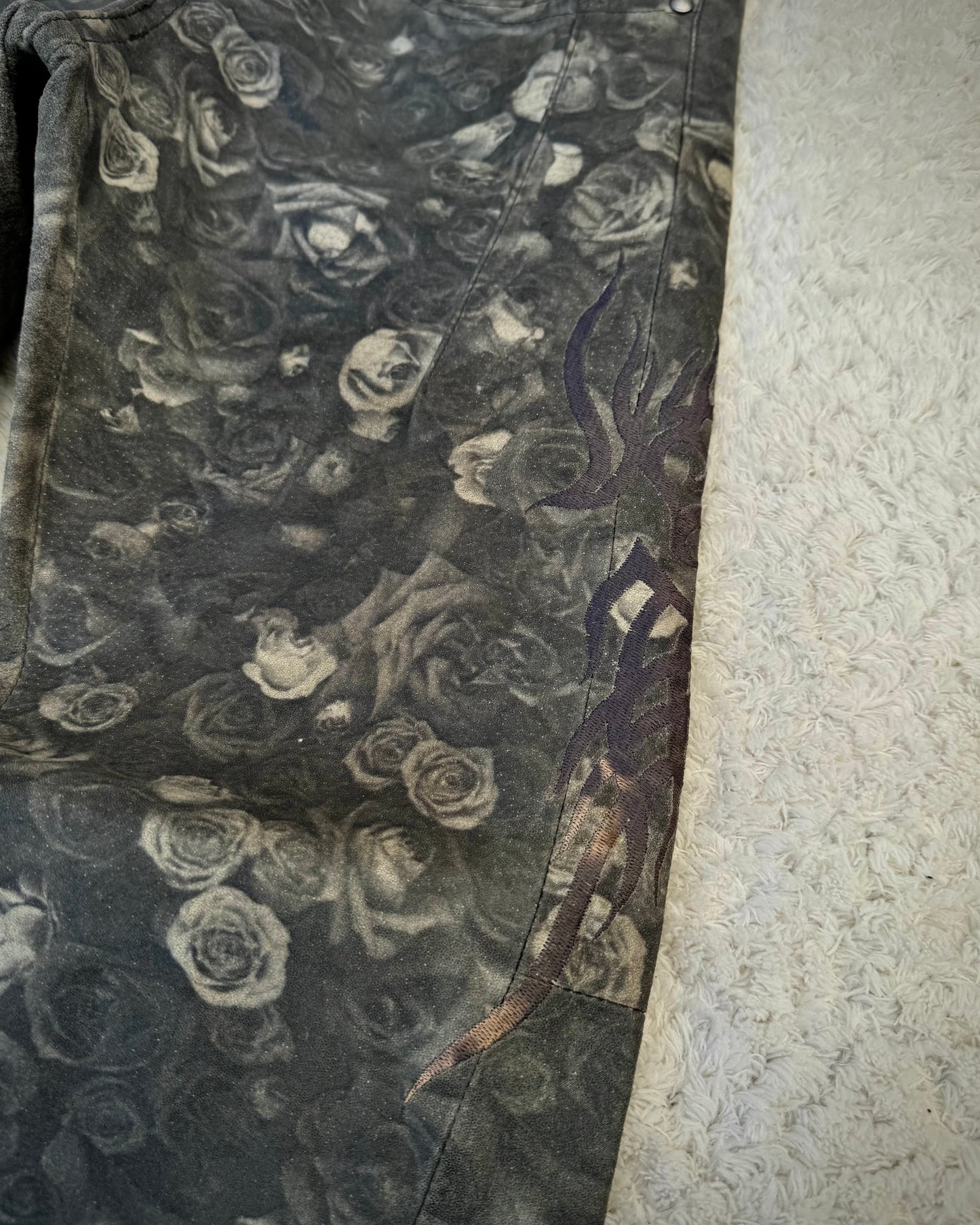 Tornado Mart Floral Tribal Embroidery Flared Leather Pants