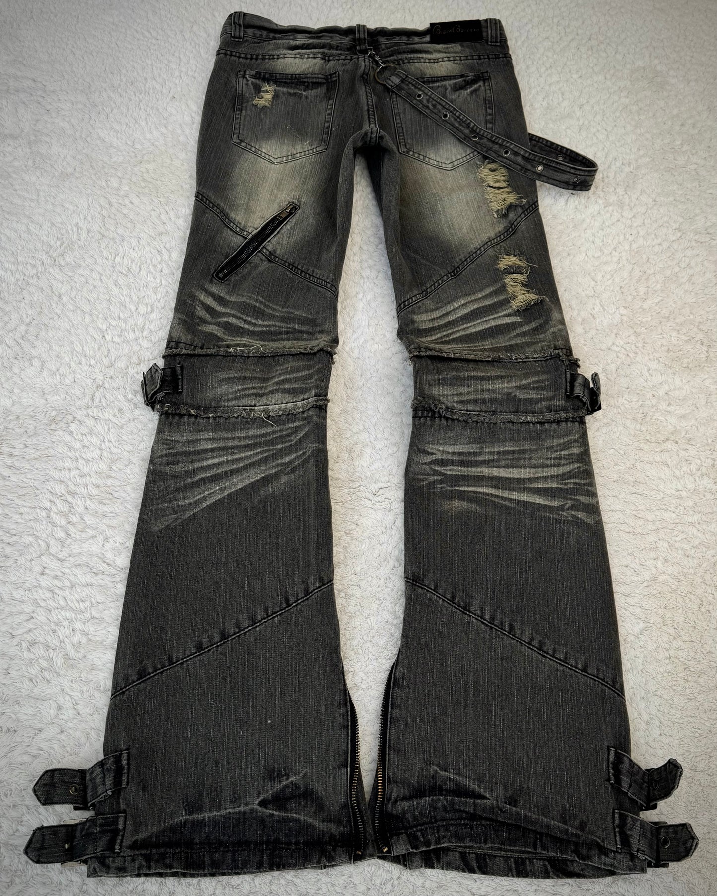 Black Baccara Belted Straps Zippered Flared Jeans