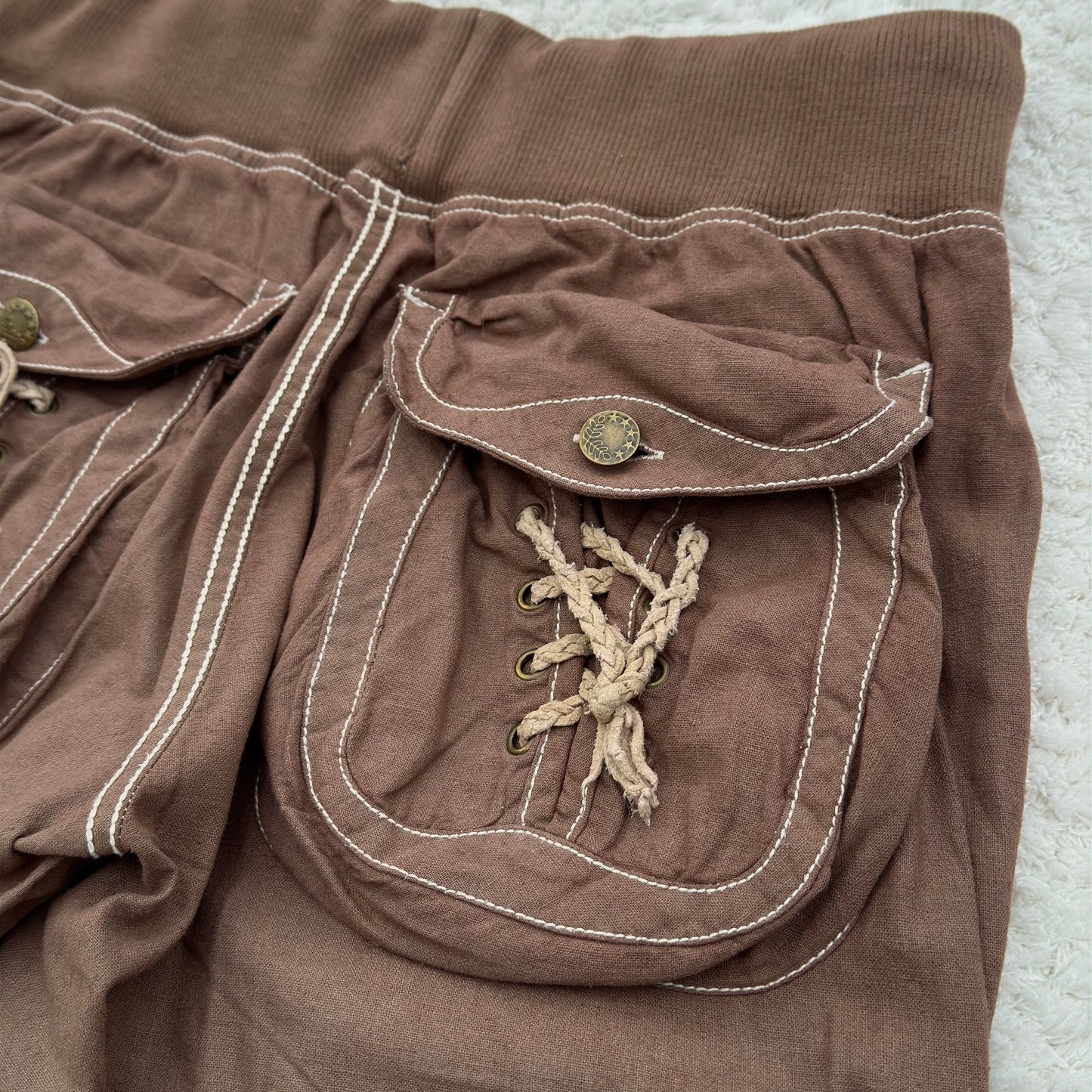 G.O.A Braided Leather Lace-Up Pockets Flared Cargo Sweatpants