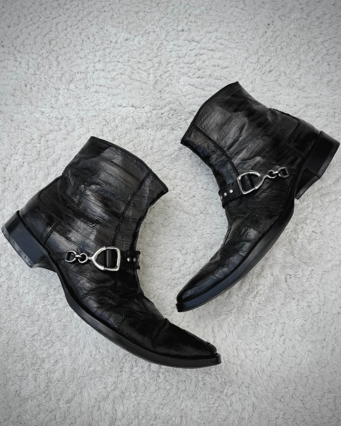 Italian Scar Stitched Belted Textured Pointed Leather Boots