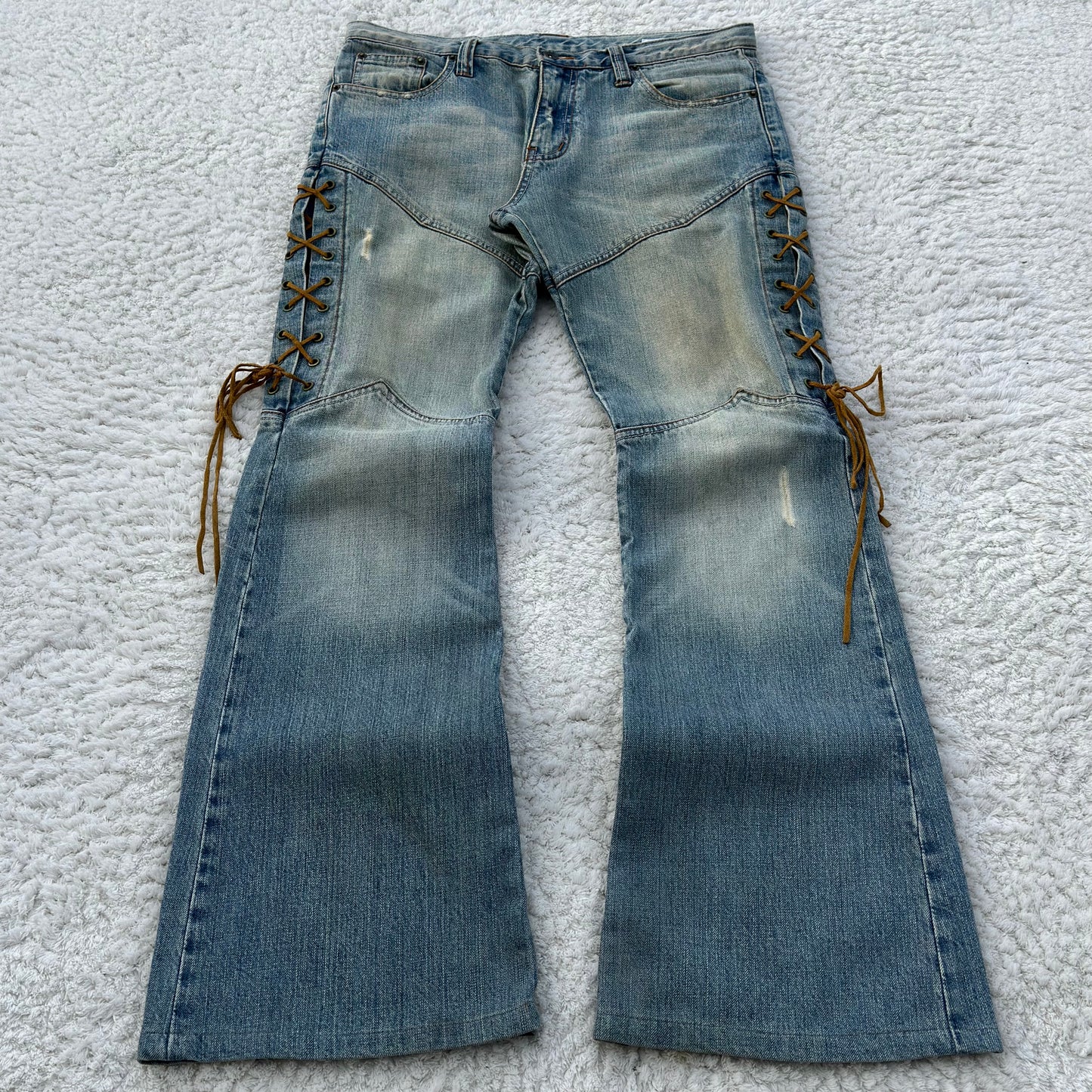 Semantic Design Thigh Leather Lace-Up Flared Jeans