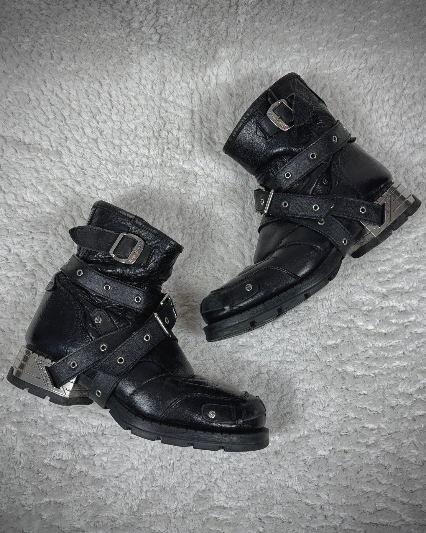 New Rock Belted Steel Heel Leather Boots