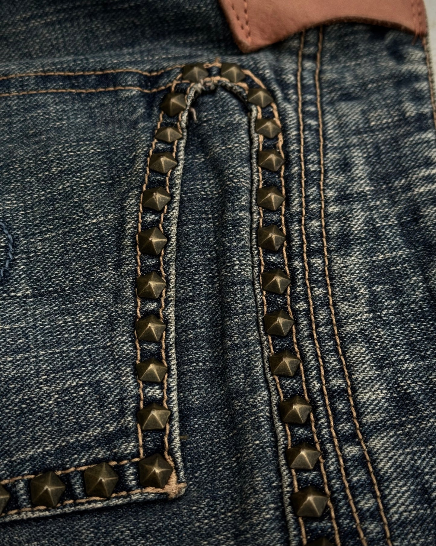 Obelisk Studded Distressed Design Flared Jeans