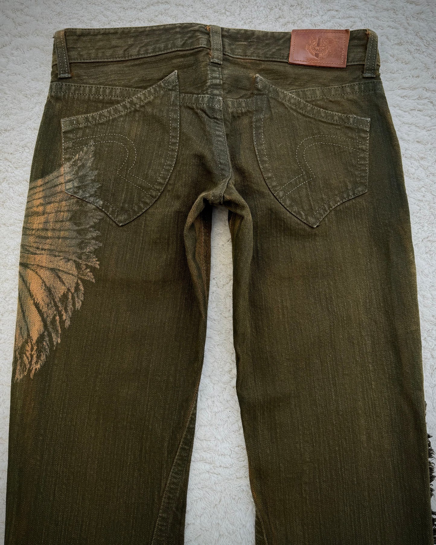 Obelisk Fringed Mud Washed Lace Up Flared Jeans