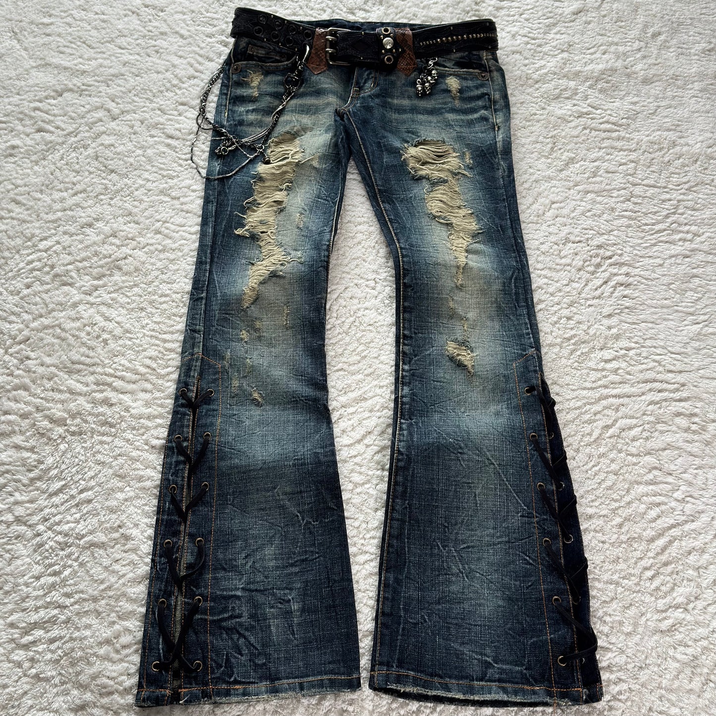Select Jean Distressed Python Flared Lace-Up Jeans
