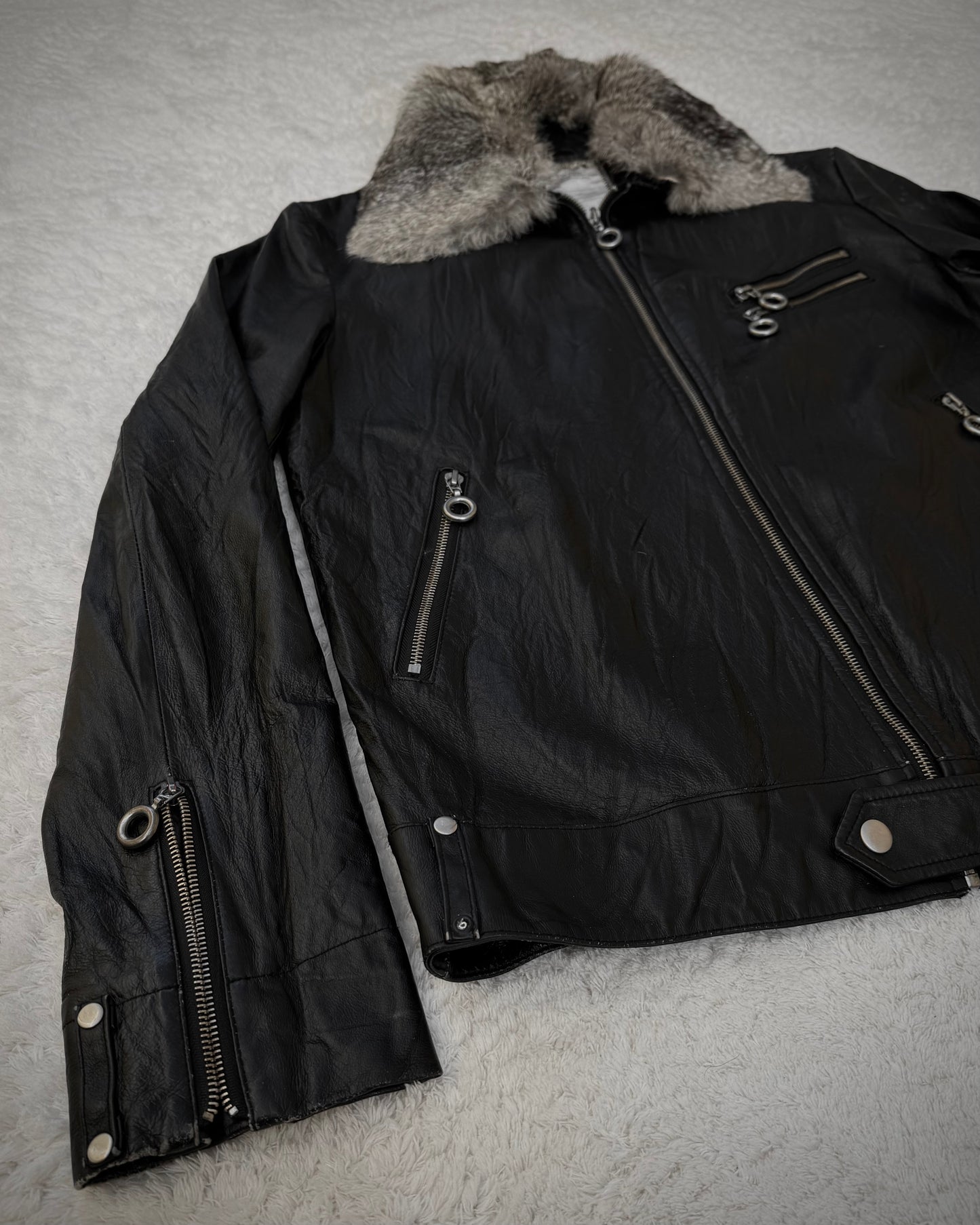 Slow Wear Rabbit Fur Collar Pigskin Leather Jacket