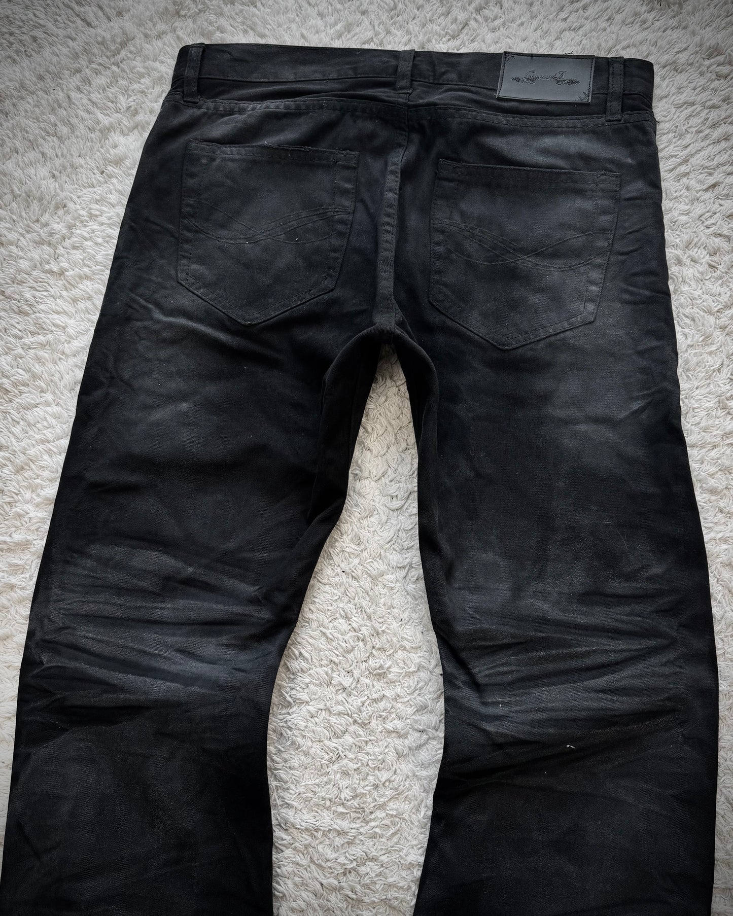 CavariA Studded Whisker Washed Flared Jeans