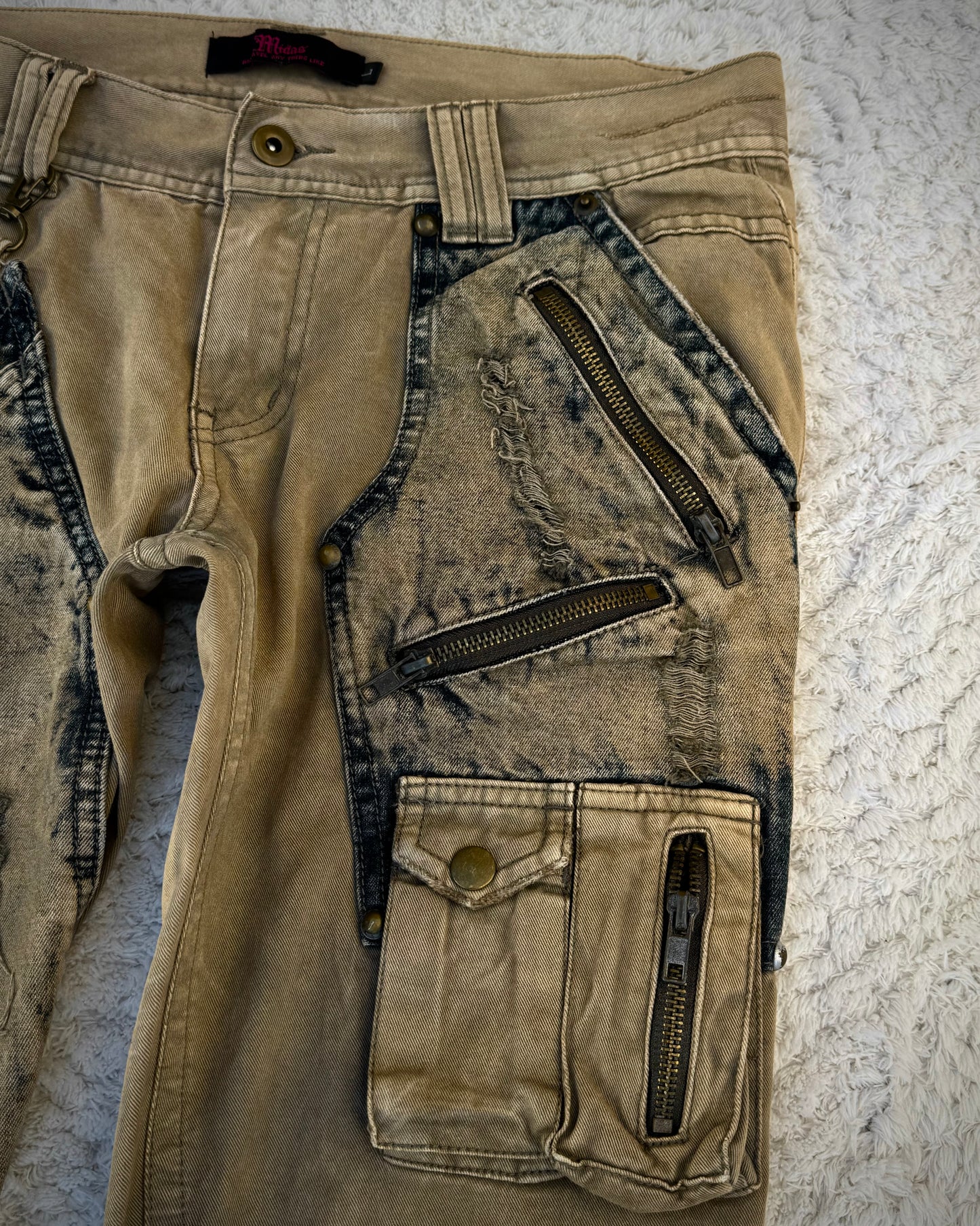 Midas Distressed Denim Paneled Strapped Bootcut Cargo Pants