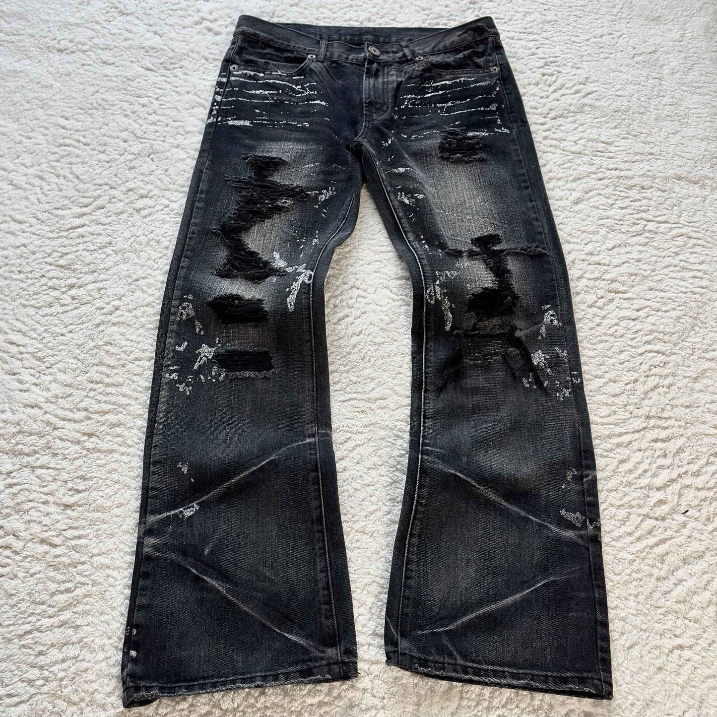 White Meteor Croco Repaired Distressing Silver Wax Flared Jeans