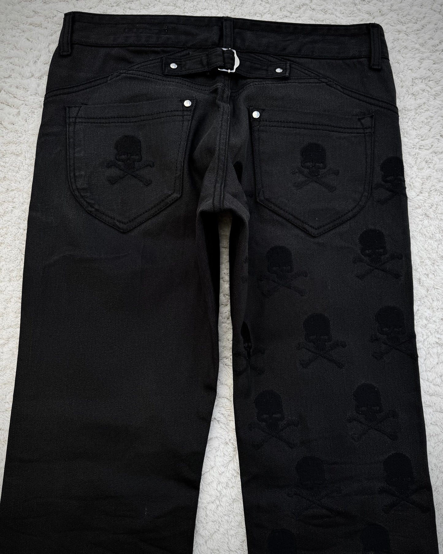 Semantic Design Skull Embroideries Waxed Bootcut Pants