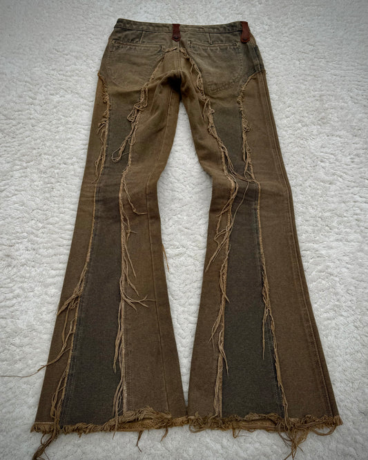 Obelisk Fringed Mud Washed Lace Up Flared Jeans