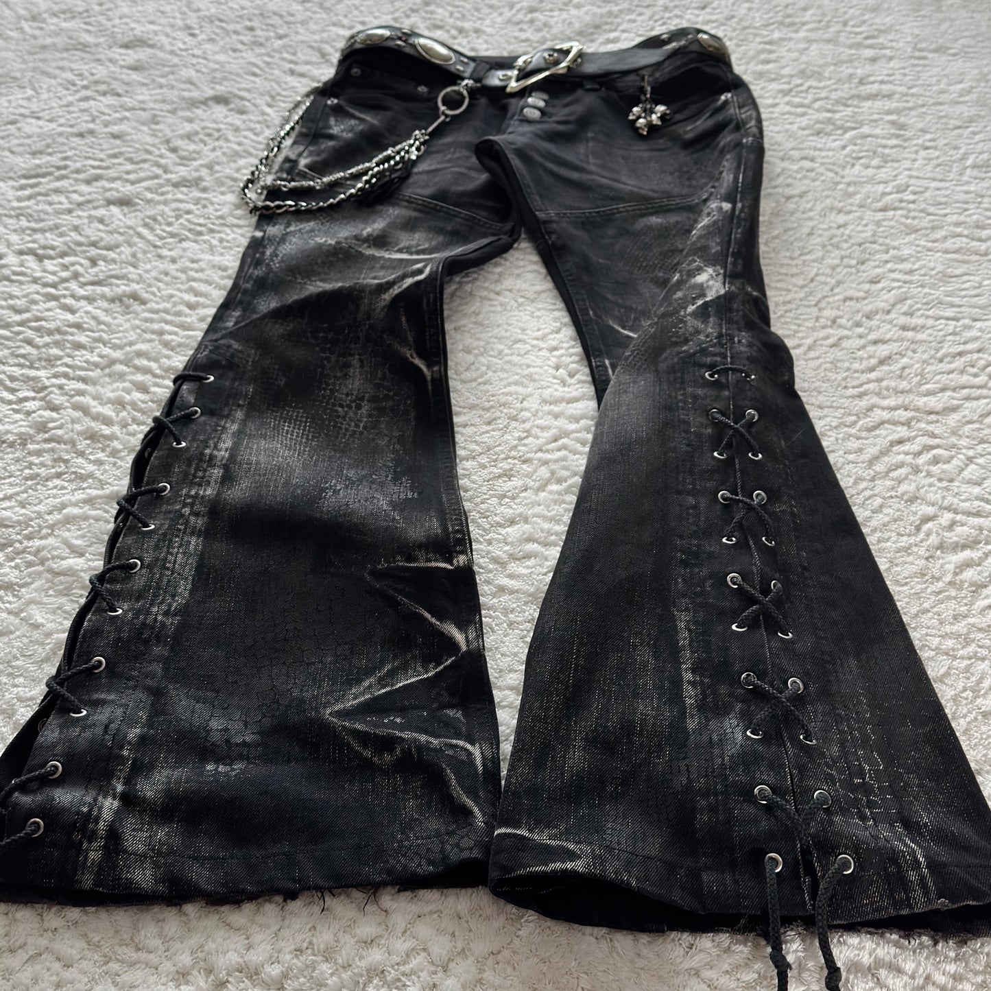 Tornado Mart Snakeskin Imprint Flared Lace-Up Jeans