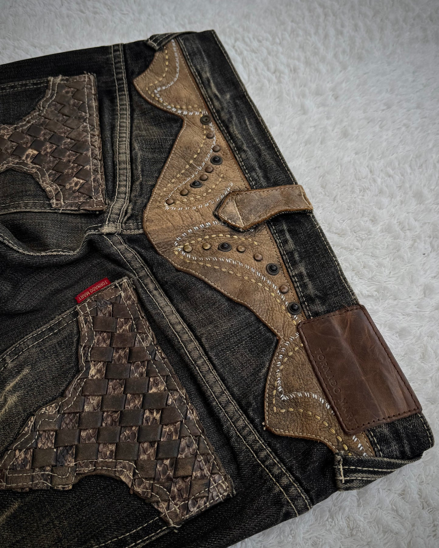 Tornado Mart Western Studded Leather Panels Flared Jeans