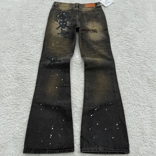 Kenvibe Mud Wash Skull Patches Flared Jeans