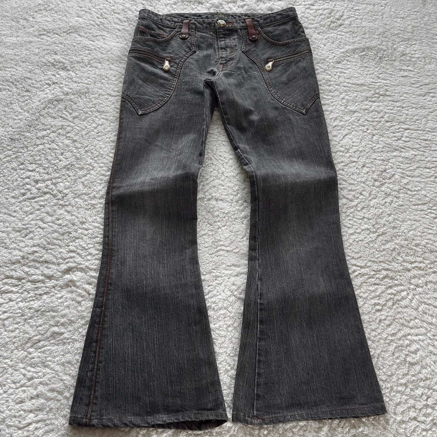 Obelisk Leather Pocket Flared Jeans