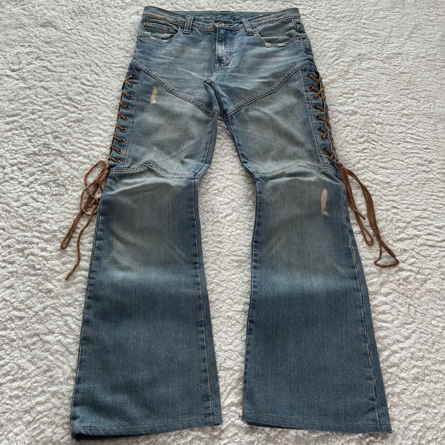 Semantic Design Thigh Leather Lace-Up Flared Jeans