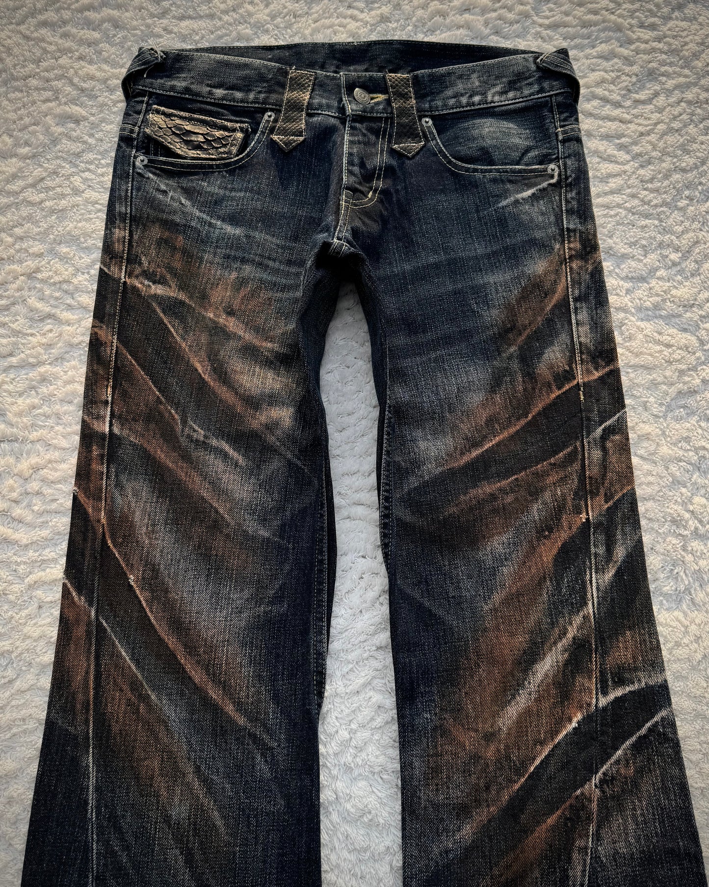 Tornado Mart Python Detailed Mud Claw Marks Washed Flared Jeans