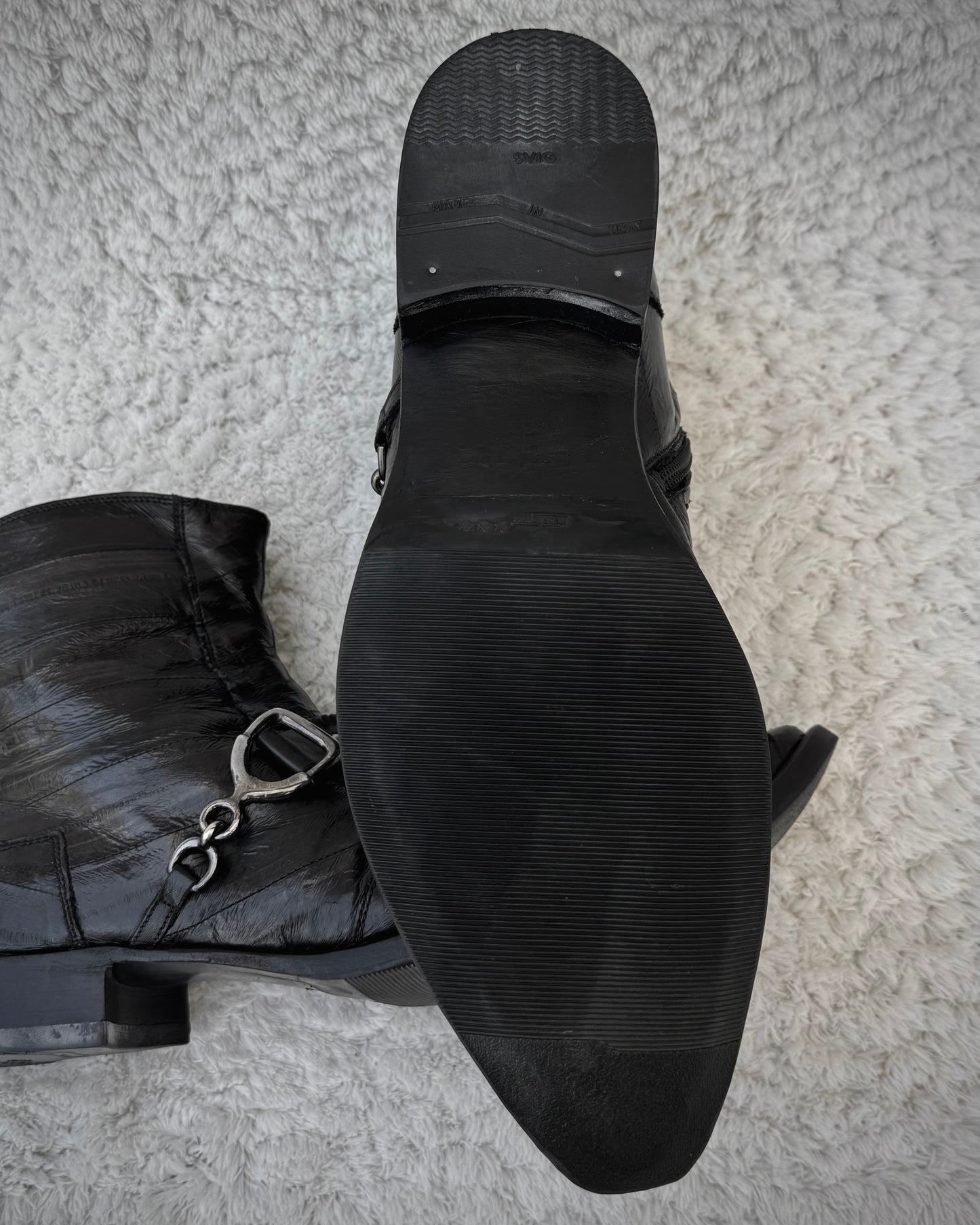 Italian Scar Stitched Belted Textured Pointed Leather Boots