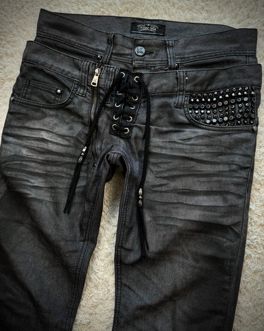 Kingz Life Double Waisted Studded Lace Up Denim
