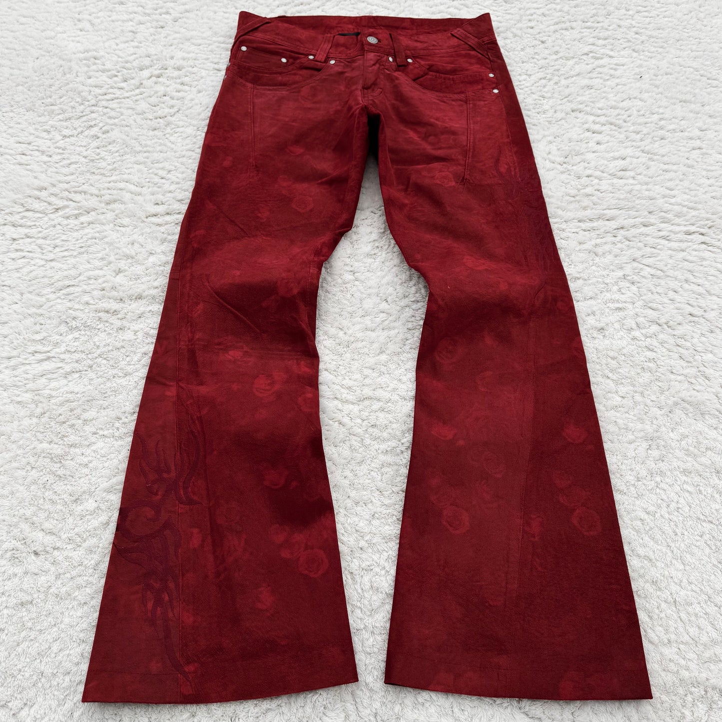 Tornado Mart Bloody Suede Leather Tribal Embroidery Flared Pants