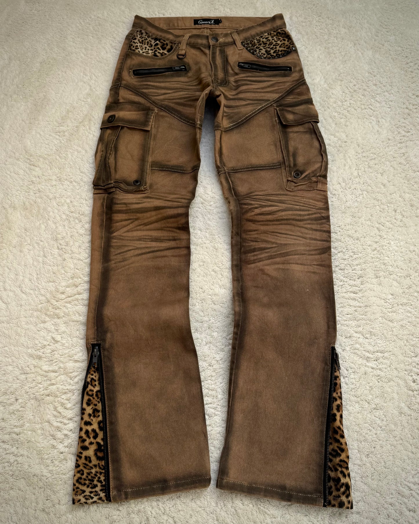 CavariA Leopard Gas Mask Cargo Pocket Flared Jeans