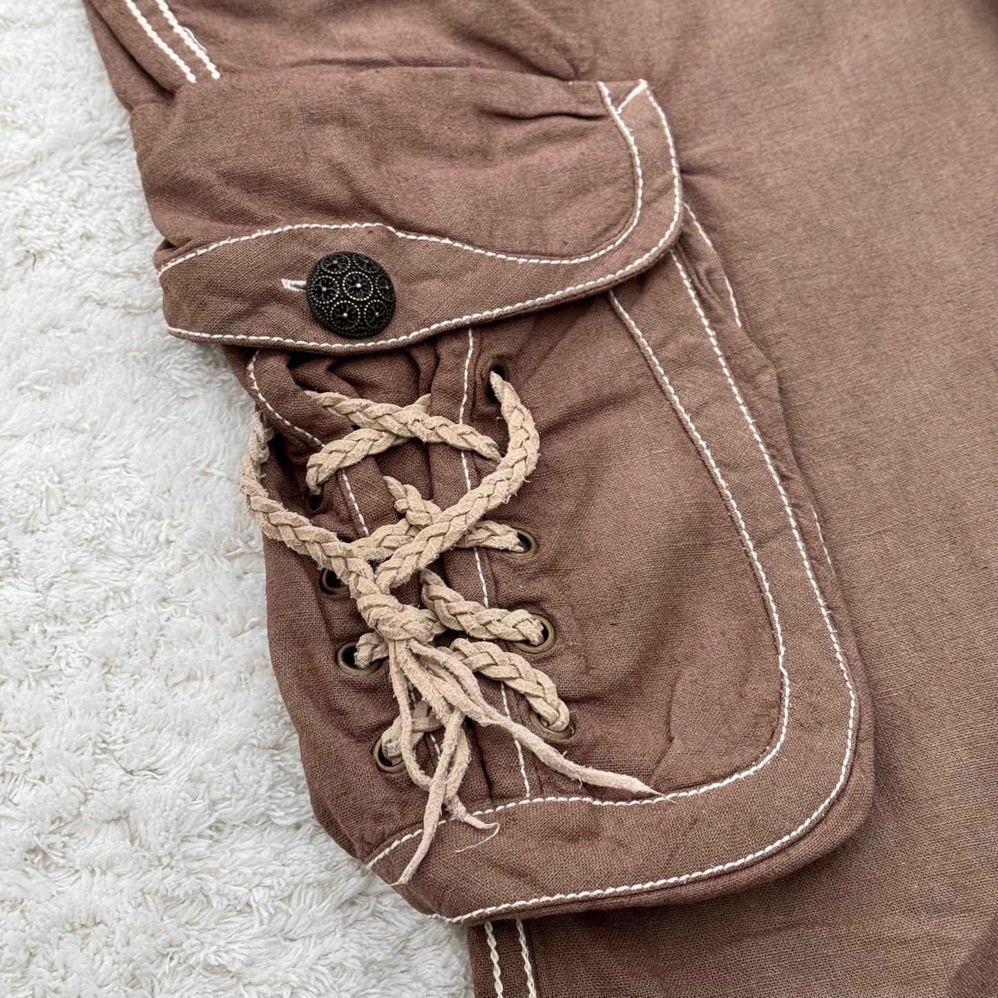 G.O.A Braided Leather Lace-Up Pockets Flared Cargo Sweatpants