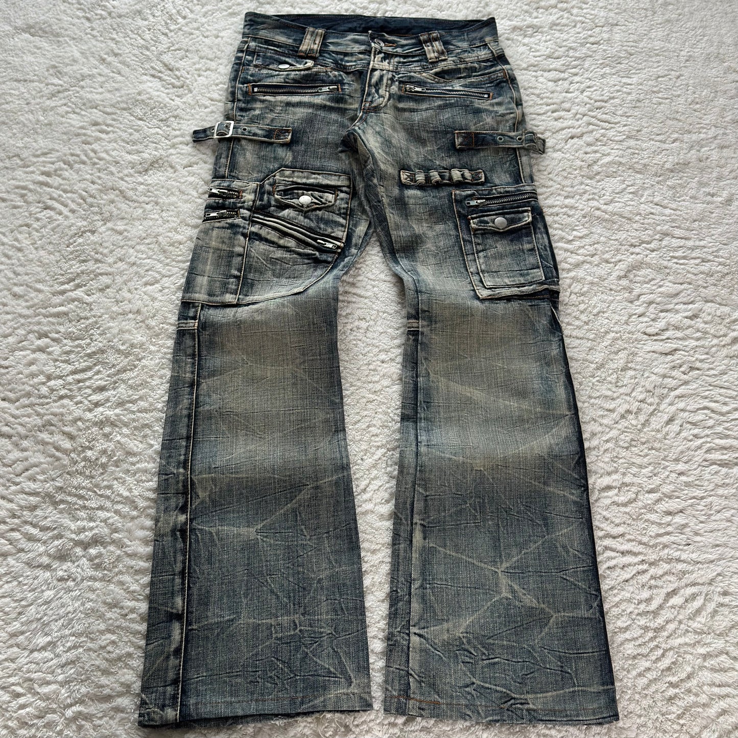 Semantic Design Multi-Pocket Flared Cargo Jeans